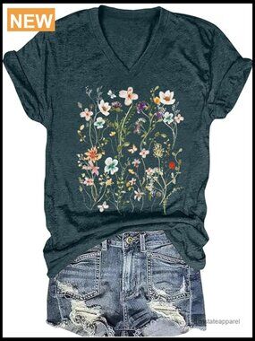 Vintage V-Neck Boho Graphic T-Shirt Short Sleeve Summer Tee